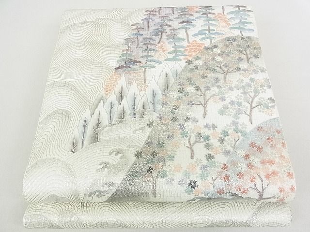 平和屋2■綴れ　六通太鼓柄袋帯　刺繍　樹林風景文　銀彩　逸品　rt3714_画像1