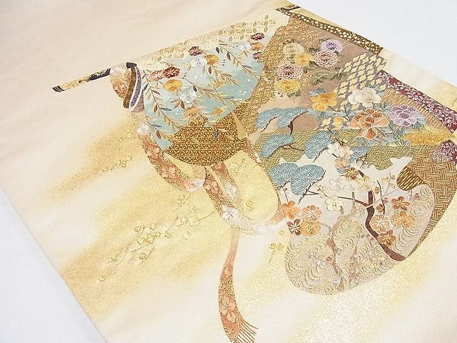 平和屋-こころ店■中国人間国宝　将雪英　中国三大刺繍　蘇州刺繍　袋帯　誰が袖草花文　金糸　正絹　逸品　1B-ph1013_画像2