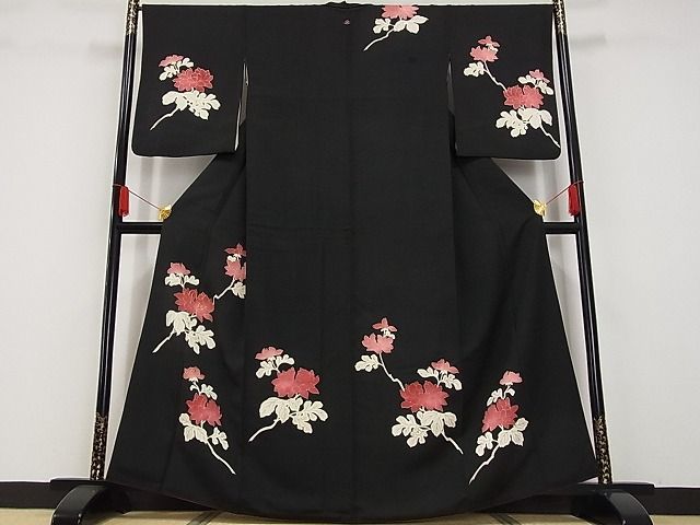 平和屋-こころ店◆訪問着　枝花文　黒地　金彩　着丈162cm　裄丈67.5cm　正絹　逸品　mop3888_画像1