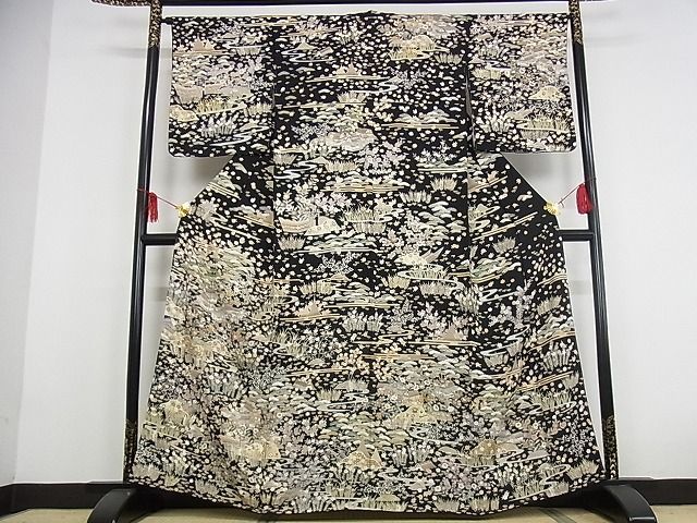 平和屋-こころ店■極上　訪問着　友禅　駒刺繍　茶屋辻　黒地　金彩　着丈162cm　裄丈65.5cm　正絹　逸品　4kk0084