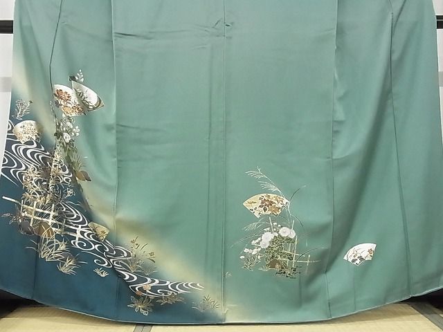 平和屋-こころ店■訪問着 流水地紙花文 暈し染め 金銀彩 着丈163.5cm 裄丈64.5cm 正絹 逸品 A-ja5967の画像3