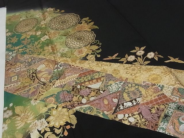 平和屋-こころ店■豪華黒留袖 作家物 花鳥文 暈し染 金銀彩 着丈162.5cm 裄丈68.5cm 正絹 逸品 1B-wt2203の画像5