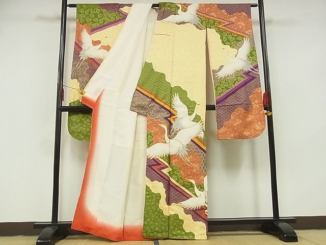 平和屋-こころ店■豪華振袖 駒刺繍 群鶴文 金彩 着丈161cm 裄丈63.5cm 正絹 逸品 B-zg9170の画像2