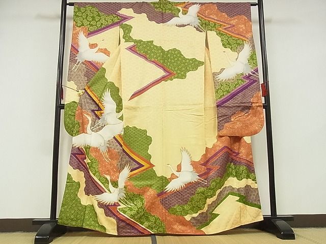 平和屋-こころ店■豪華振袖 駒刺繍 群鶴文 金彩 着丈161cm 裄丈63.5cm 正絹 逸品 B-zg9170の画像1