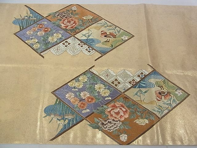 平和屋2■六通太鼓柄袋帯　総刺繍　天井花鳥文　金糸　逸品　ud4092_画像6