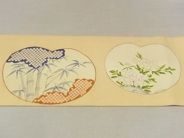 平和屋-こころ店■塩瀬　九寸名古屋帯　駒刺繍　竹　梅　牡丹　正絹　逸品　A-pf6907_画像6