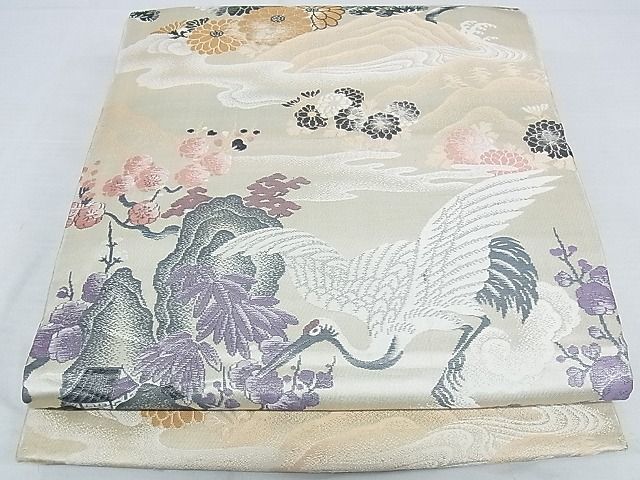 平和屋-こころ店■アンティーク　大正ロマン　丸帯　飛鶴風景花文　正絹　逸品　A-hg1771_画像1