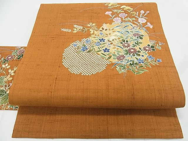 平和屋2■九寸名古屋帯　紬地　雪輪重ね吉祥草花文　金彩　逸品　ox5848_画像1