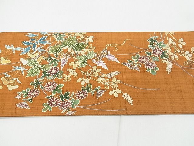 平和屋2■九寸名古屋帯　紬地　雪輪重ね吉祥草花文　金彩　逸品　ox5848_画像5