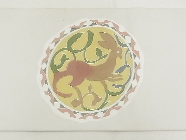 平和屋2■塩瀬　九寸名古屋帯　動物絵皿文　金彩　逸品　rt3853_画像3