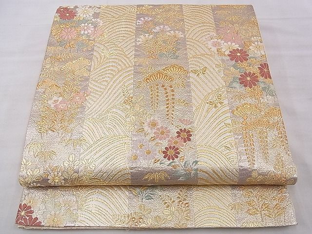 平和屋野田店■六通柄袋帯　唐織　草花間道　金糸　逸品　n-ow1447_画像1