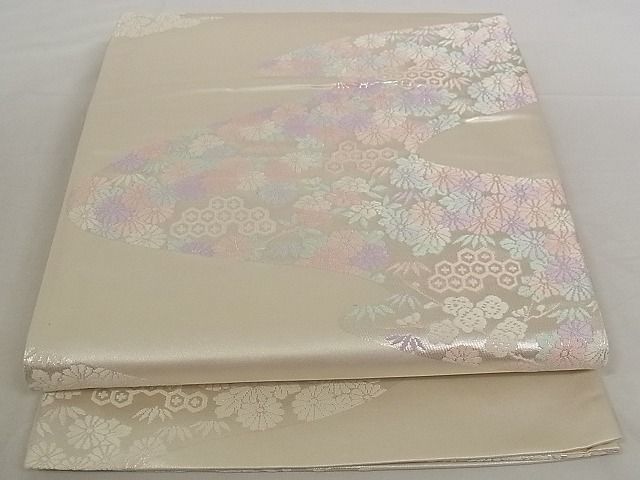 平和屋川間店■六通柄袋帯　唐織　流水花文　銀糸　正絹　逸品　A-pf5117_画像2