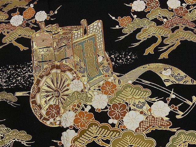  flat peace shop 1# gorgeous kurotomesode piece embroidery pine bamboo plum . place car . flower writing gold paint excellent article CAAA2572ze