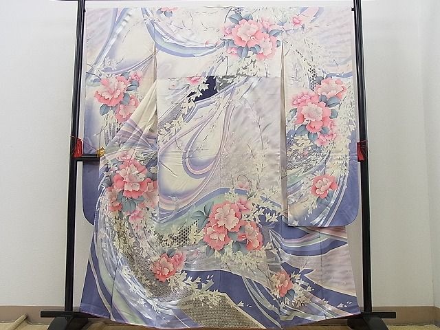 平和屋野田店■豪華振袖　駒刺繍　熨斗吉祥牡丹花文　暈し染め　銀彩　逸品　n-cw0921_画像1