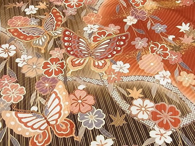 平和屋-こころ店■豪華振袖　駒刺繍　舞蝶花文　暈し染め　金彩　着丈162cm　裄丈64cm　正絹　逸品　A-ja6099_画像4