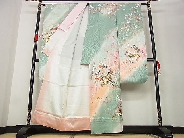 平和屋-こころ店■豪華振袖　花車文　暈し染め　金彩　着丈157cm　裄丈62cm　正絹　逸品　A-ja6108_画像2