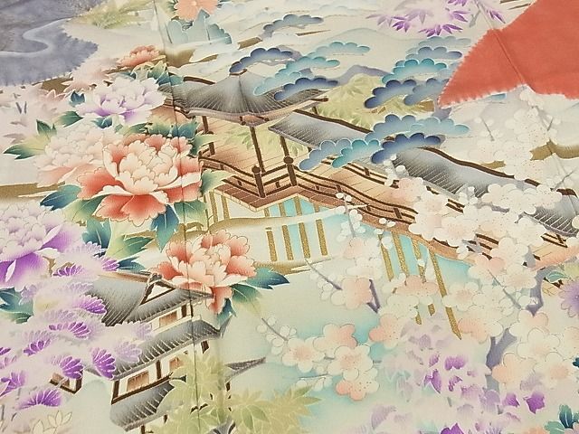 平和屋-こころ店■豪華振袖　渡橋風景花文　金彩　着丈162.5cm　裄丈63.5cm　正絹　逸品　A-ja6086_画像4