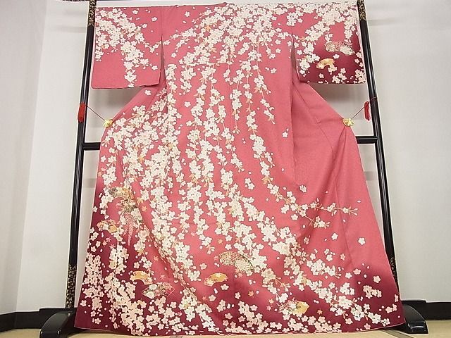 平和屋-こころ店■訪問着　H・L（アッシュ・エル） 地紙花文 しだれ桜 暈し染め 金彩 ロング丈 着丈171cm 裄丈68cm 洗える着物 A-ja6137_画像1