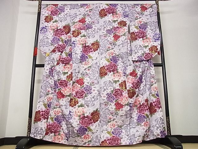 平和屋-こころ店■小振袖 二尺袖 薔薇 金彩 洗える着物 A-ja6140の画像1