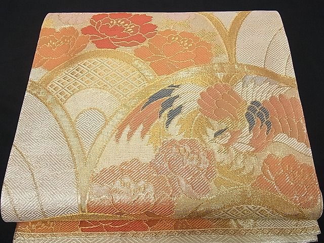 平和屋川間店■六通柄袋帯　青海波吉祥花鳥文　金糸　逸品　ng2906_画像1