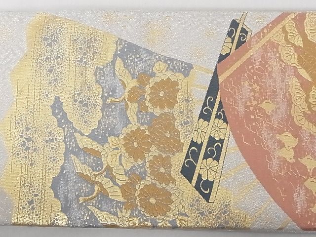 平和屋-こころ店■つけ帯　扇面飛鶴花文　純金糸　正絹　逸品　A-gk2202_画像5