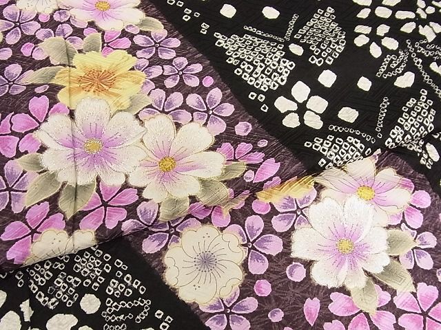 平和屋-こころ店■極上 振袖 絞り 刺繍 花蝶文 ロング丈 金彩 銀糸 黒地 正絹 逸品 AAAC6331Ackの画像5