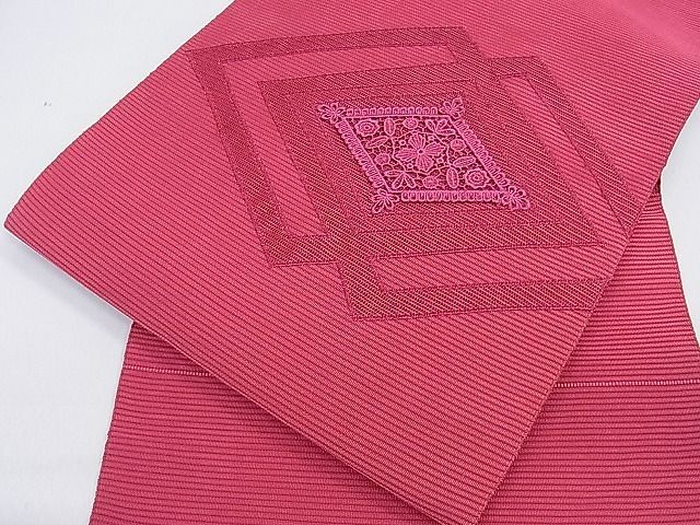 平和屋川間店■夏物　九寸名古屋帯　刺繍　もじり織　花菱文　中紅色　逸品　fe4388_画像2