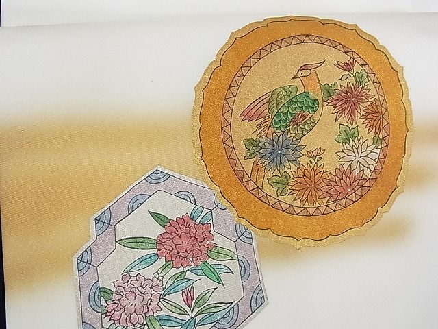 平和屋川間店■塩瀬　九寸名古屋帯　手描き　花鳥絵皿文　金彩　正絹　逸品　A-uw2081_画像3