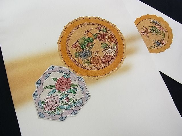 平和屋川間店■塩瀬　九寸名古屋帯　手描き　花鳥絵皿文　金彩　正絹　逸品　A-uw2081_画像2