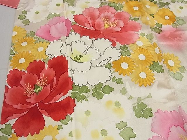 平和屋-こころ店◆豪華振袖 手描き 草花文 暈し染め 着丈157.5cm 裄丈64.5cm 正絹 逸品 mop4072の画像4