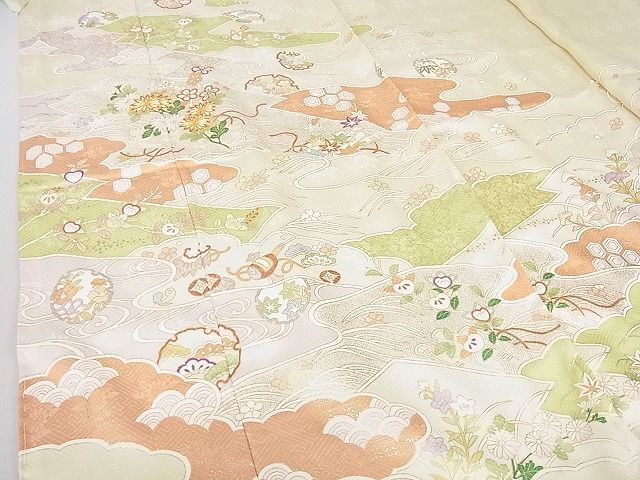 平和屋2■訪問着　駒刺繍　雪輪吉祥花文　金彩　上代27万　仮絵羽　逸品　未使用　DAAB7367ps_画像5