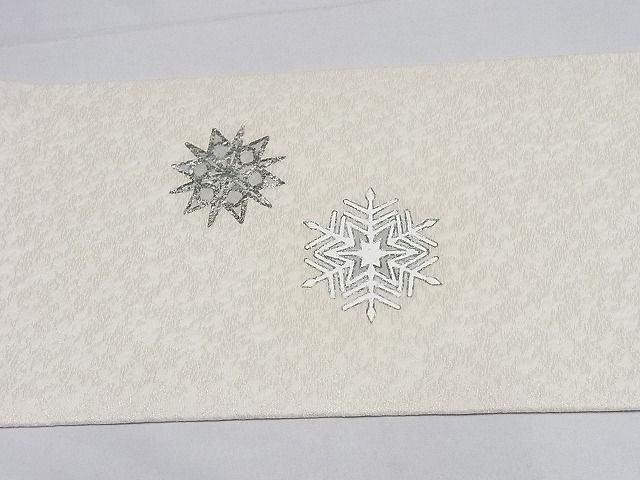 平和屋-こころ店■九寸名古屋帯 手描き 雪華 雪の結晶 銀通し地 正絹 逸品 1B-ph1080の画像4