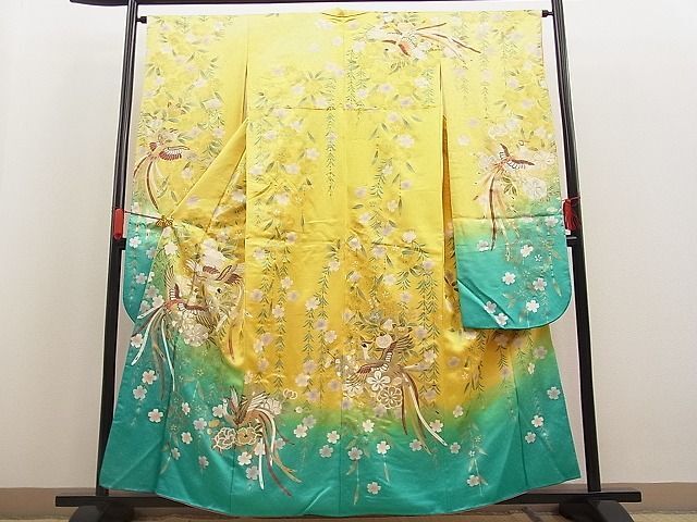 平和屋川間店■豪華振袖　刺繍　鳳凰枝垂れ桜文　暈し染め　金彩　逸品　n-ab0285_画像1