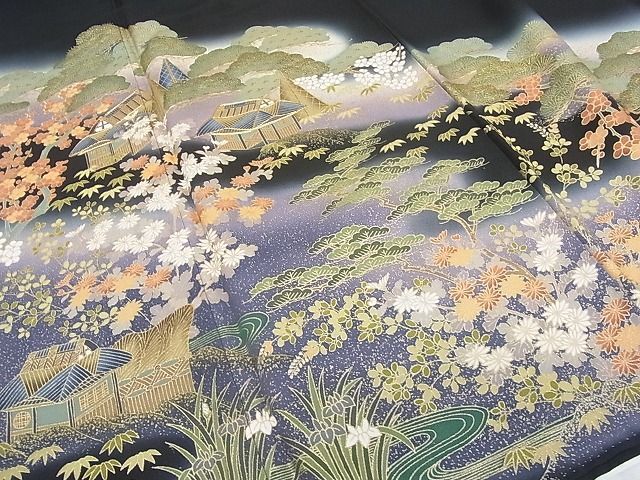 平和屋川間店■豪華黒留袖　駒刺繍　萬寿染　松竹梅　風景花文　暈し染め　金彩　逸品　wb7807_画像4