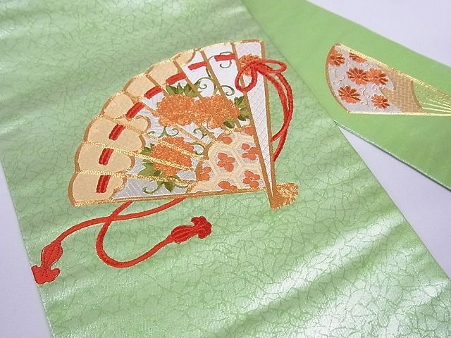 平和屋川間店■九寸名古屋帯　駒刺繍　扇面花文　正絹　逸品　A-br6003_画像3