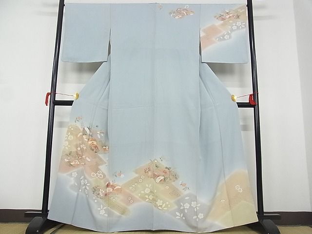 平和屋-こころ店■訪問着　駒刺繍　松皮菱花文　暈し染　金彩　正絹　逸品　1B-wt2384_画像1