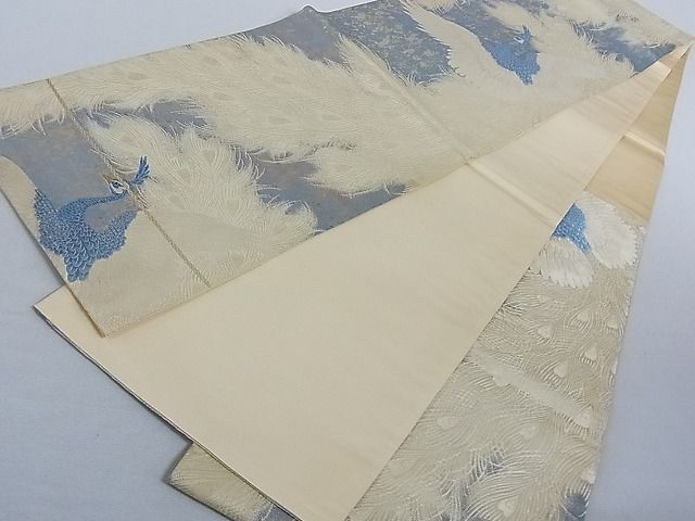 平和屋-こころ店■六通柄袋帯　唐織　孔雀　金糸　引箔　共箱付き　正絹　逸品　AAAC2179Aog_画像4