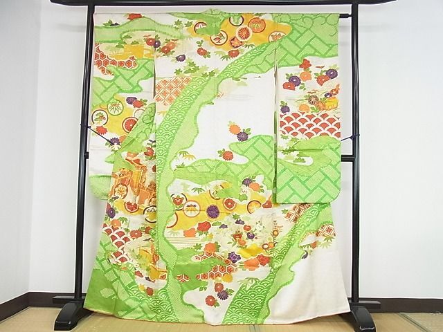 平和屋2■豪華振袖　駒刺繍　絞り　御所車吉祥花文　金彩　逸品　DAAB3282op_画像1