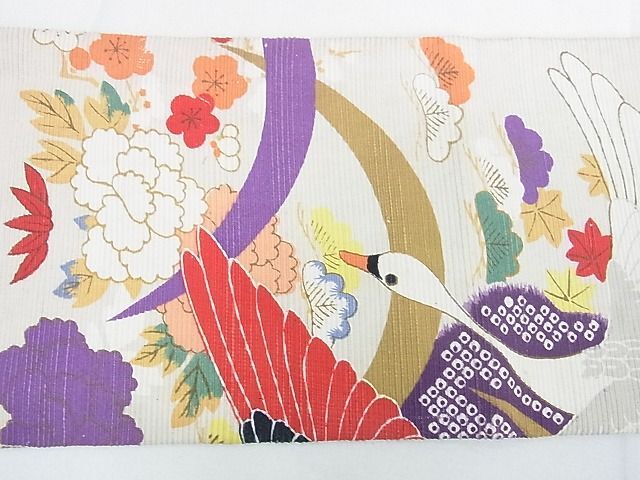 平和屋2■アンティーク　大正ロマン　九寸名古屋帯　刺繍　飛鶴花文　金糸　逸品　DAAB2130az_画像5