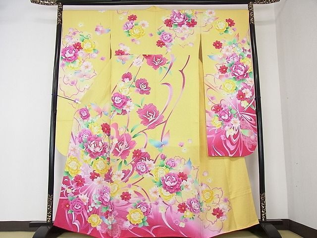  flat peace shop 2# gorgeous long-sleeved kimono Mai butterfly flower writing .. dyeing gold paint gold through . ground excellent article DAAB7359ps