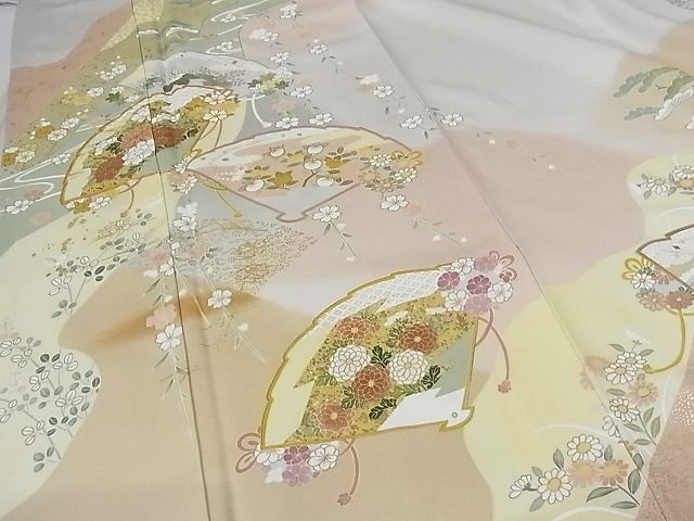 平和屋-こころ店■訪問着　友禅　駒刺繍　花扇松文　暈し染め　金彩　正絹　逸品　AAAC1983Acs_画像5