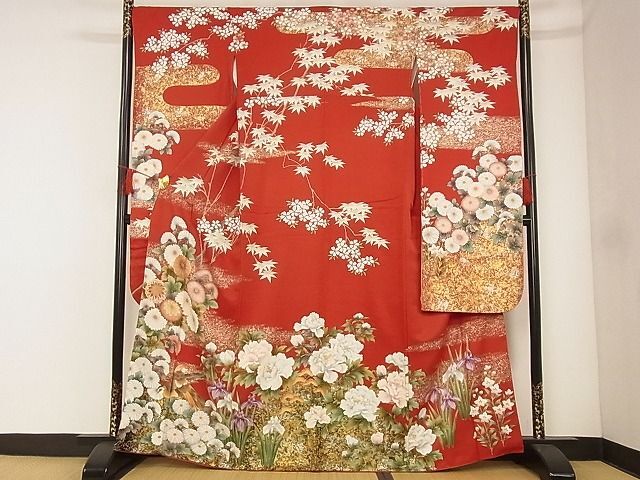 flat peace shop - here . shop # gorgeous long-sleeved kimono flowers and birds writing gold silver . dress length 164cm sleeve length 68cm silk excellent article AAAC8851Ack