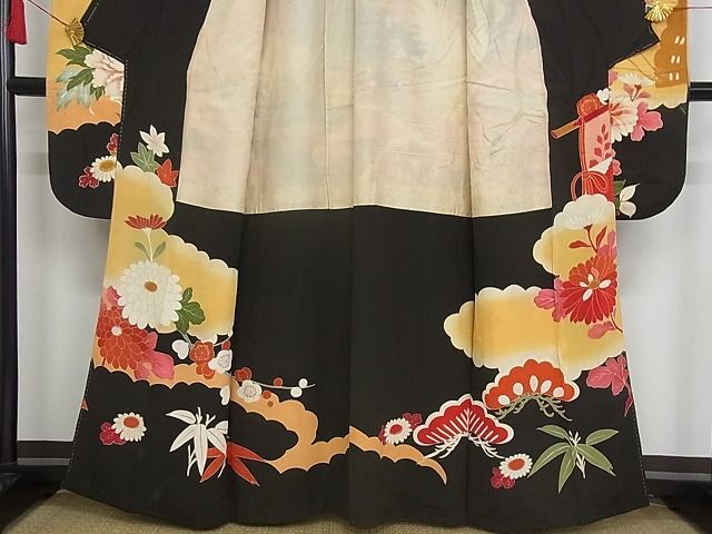  flat peace shop - here . shop # finest quality antique Taisho romance long-sleeved kimono piece embroidery . place car . crane writing black metal . silk excellent article AAAC5362Bnp
