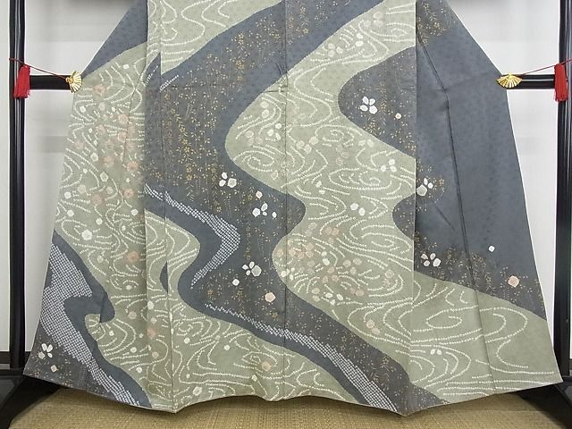 平和屋-こころ店■訪問着 絞り 流水花文 金彩 正絹 逸品 AAAC5344Bnpの画像3