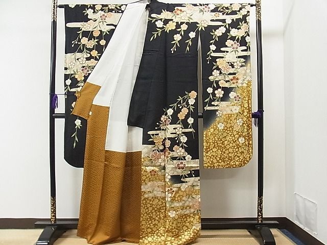 平和屋1■豪華振袖 箔散らし エ霞吉祥花文 暈し染め 黒地 金彩 そごう扱い 逸品 CAAA1934ycの画像4