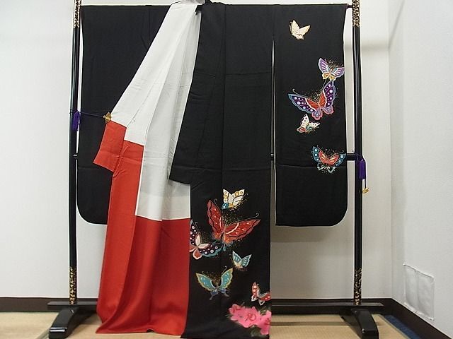  flat peace shop 1# gorgeous long-sleeved kimono Mai butterfly writing rose black metal . excellent article CAAA1808yc