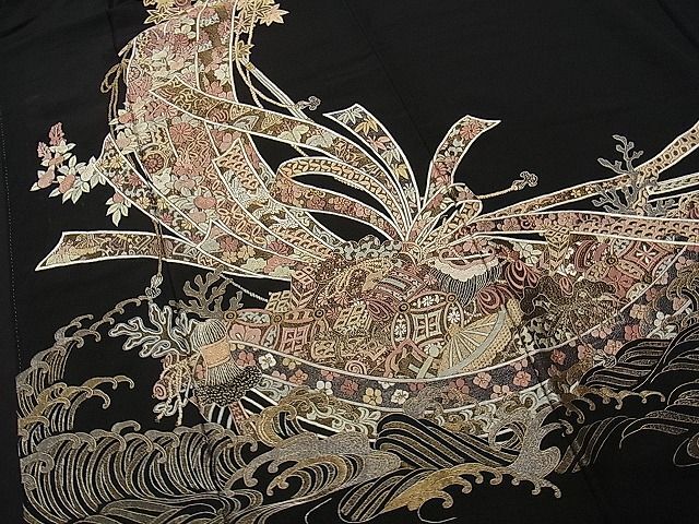 平和屋1■豪華黒留袖 作家物 総刺繍 立波貴宝船吉祥花文 金糸 逸品 CAAA2018ycの画像4