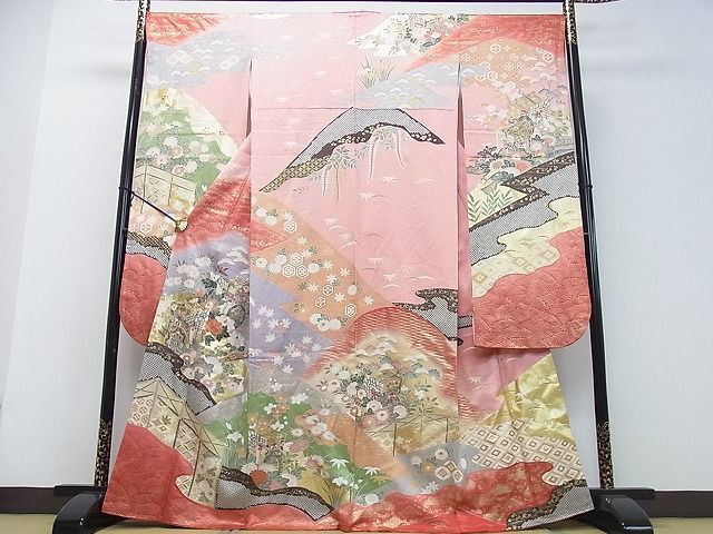 平和屋2■豪華振袖　駒刺繍　御所車吉祥花文　暈し染め　金彩　逸品　DAAA9275ox_画像1