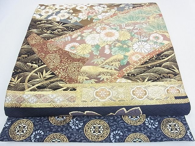 平和屋2■両面全通柄袋帯　絵巻吉祥花文　金糸　逸品　未使用　DAAB5378wb_画像1