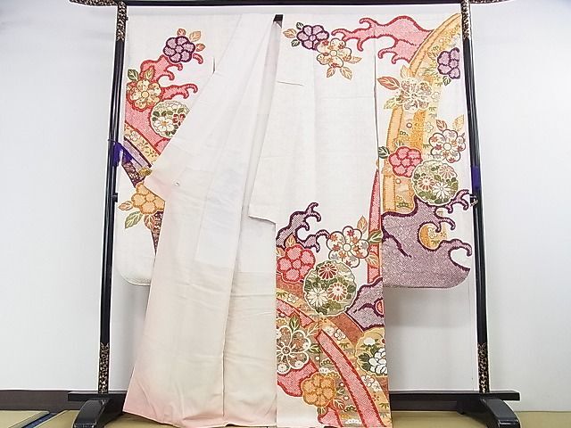  flat peace shop 2# gorgeous long-sleeved kimono * long kimono-like garment ( peerless tailoring * neckpiece embroidery ) set piece embroidery . wave snow wheel flower writing gold paint excellent article DAAB5432wb